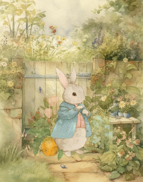 Photo watercolor vintage drawing of a rabbit in vintage clothes walking in the garden vintage postcard