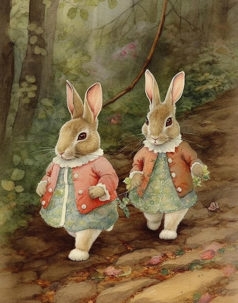 빈티지한 분위기 속에서 두 마리의 귀여운 토끼의 수채화 빈티지 그림은 숲을 산책합니다.
