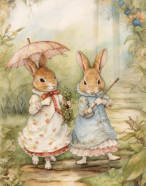 watercolor vintage drawing of two cute rabbits in a vintage atmosphere dating walk through the woods