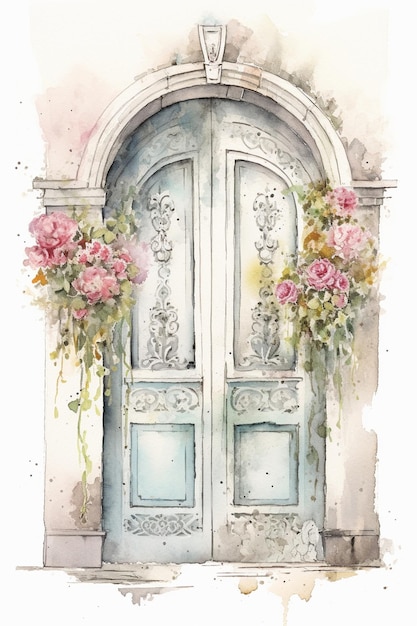 白い背景の水彩画のヴィンテージ花柄のドア