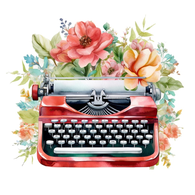 Watercolor vintage floral typewriter clipart white background