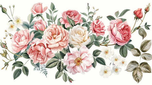 Watercolor Vintage Greeting Card with Blooming Roses Wildflowers and Peonies Modern Illustration on White