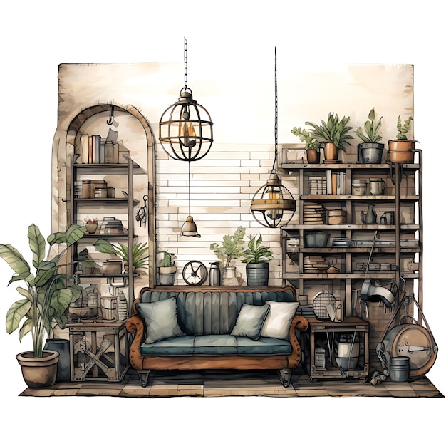 Watercolor of Vintage Industrial Loft a Room With a Mix of v On White Background With Cozy Place