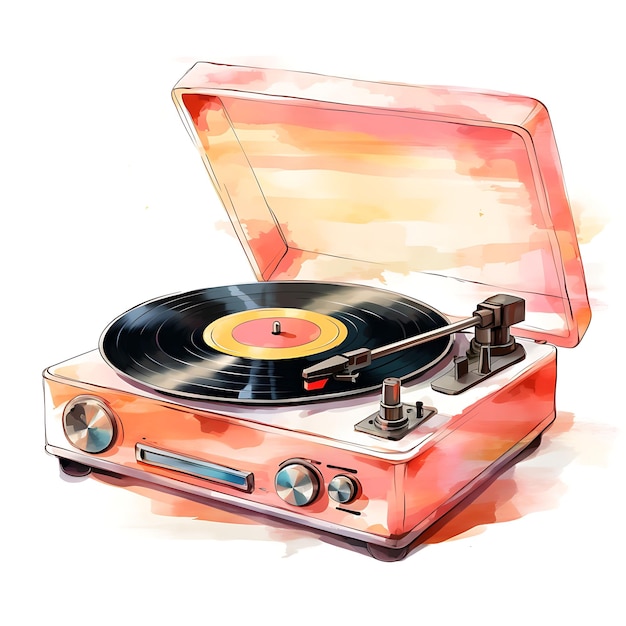 Watercolor of a Vintage Inspired Record Player With Its Retr Home Accents on White Back Ground