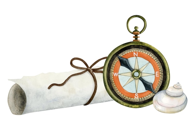 Watercolor vintage pocket compass with paper scroll and seashell Nautical navigation illustration