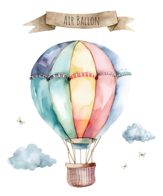 Watercolor vintage rainbow air balloon Vehicle retro transport type Nursery air balloon