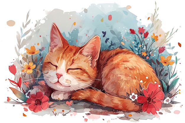 Watercolor vintage style cute kitten cats with bright colored boho spring flowers illustration background