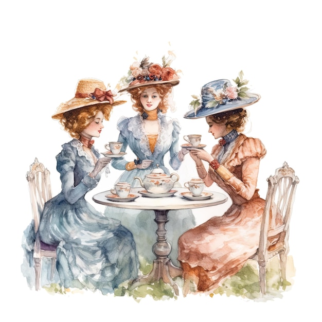 Watercolor vintage Victorian tea party clipart white background