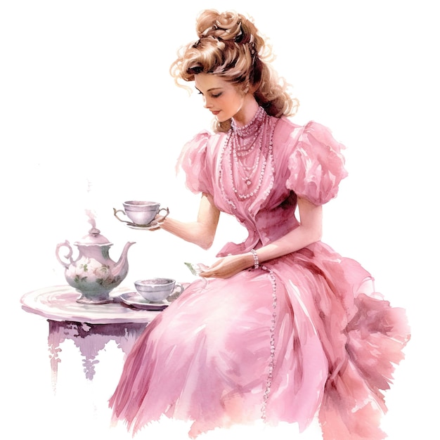 Watercolor vintage Victorian tea party clipart white background