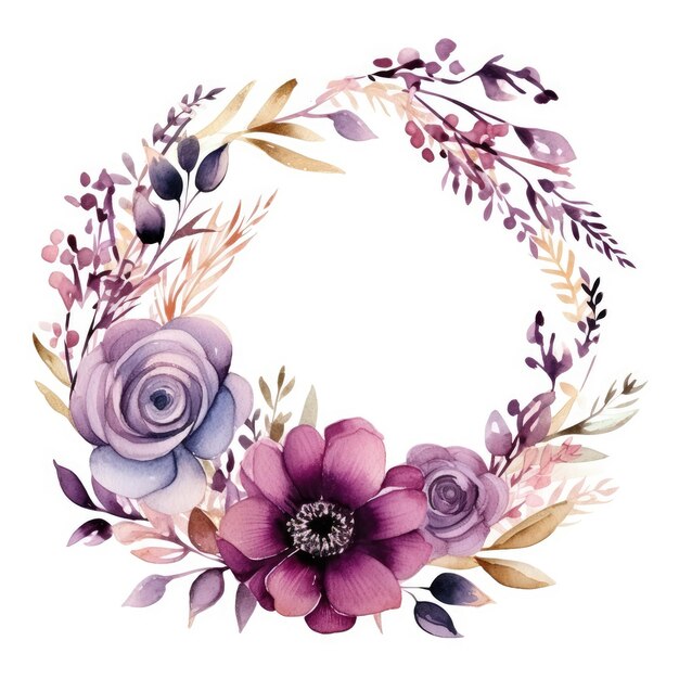 Watercolor violet pink floral wreath with golden circle on white background