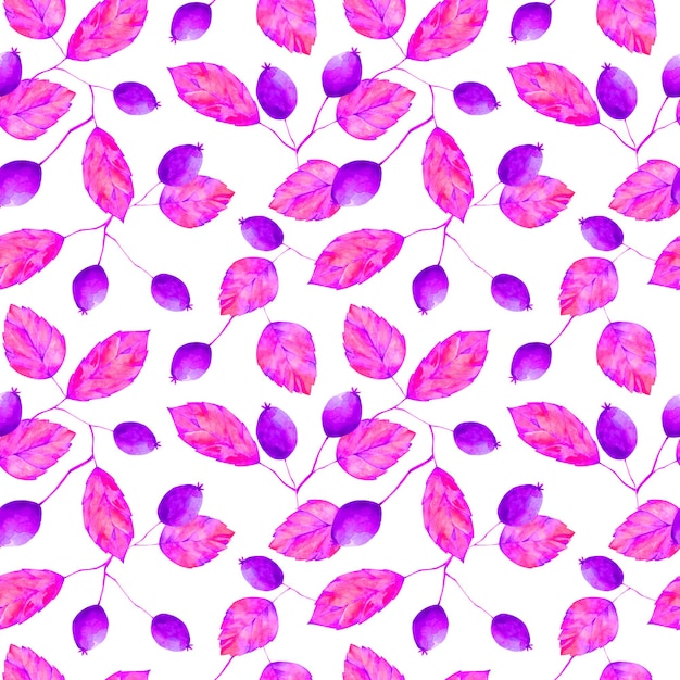 Watercolor violet pink leaves and berries seamless pattern Botanical print on white background