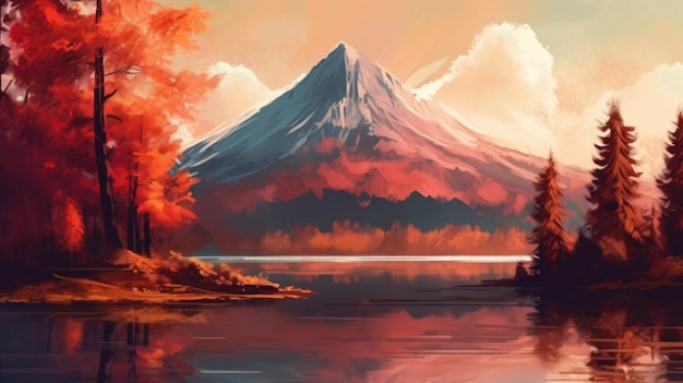 Watercolor Volcano With Trees Lake And Mountains In November