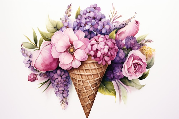 Watercolor waffle cone with flowers inside Flower ice cream Watercolor peonies Generative AI