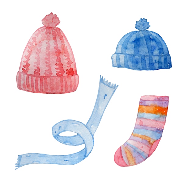 Watercolor warm clothes. Hats, scarf, sock isolated.