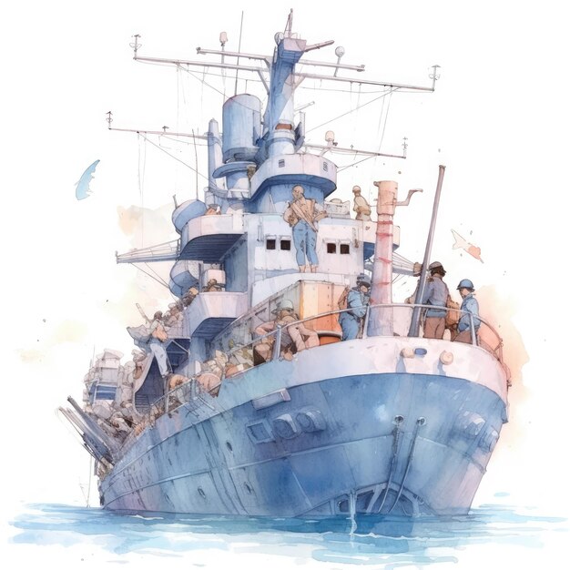 watercolor of a warship with soldiers on board