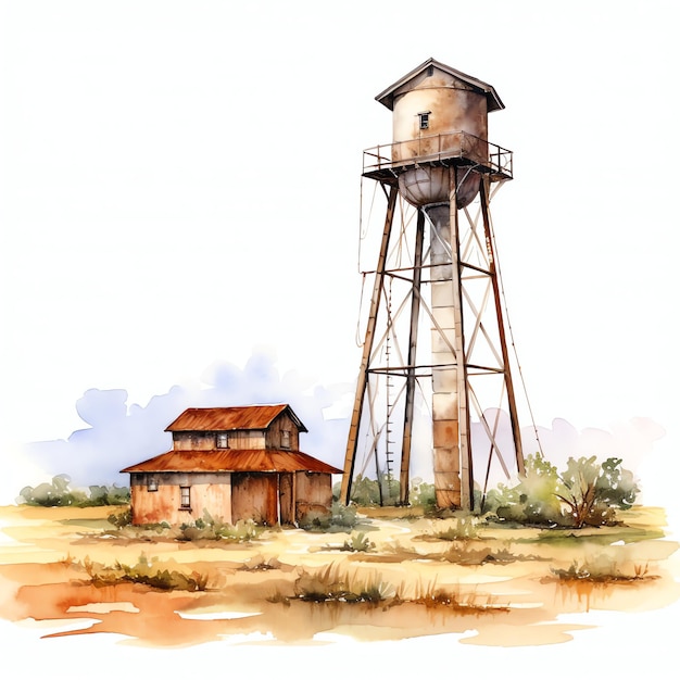 watercolor water tower western wild west cowboy desert illustration clipart