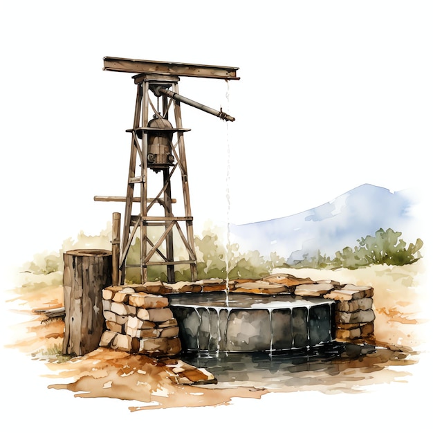 watercolor water well western wild west cowboy desert illustration clipart