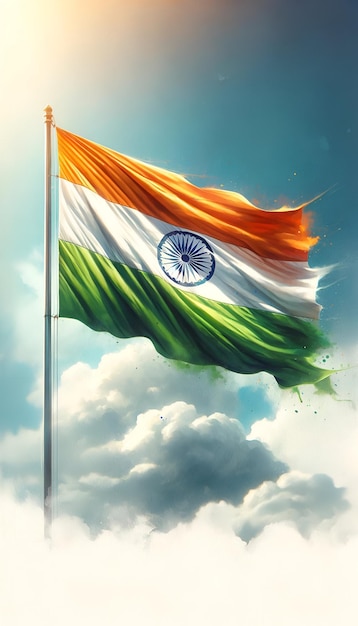 Watercolor waving indian flag at beautiful day