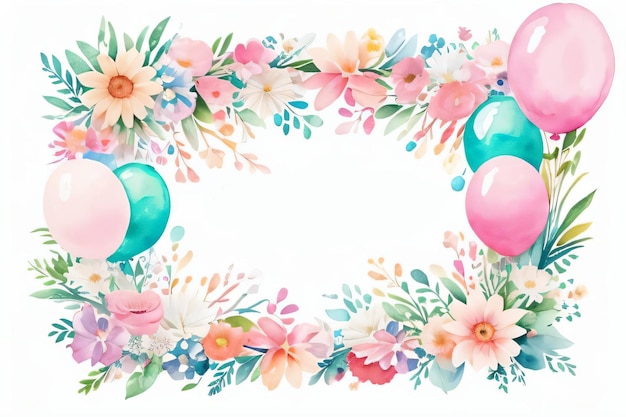 Watercolor Wedding or Birthday Greetings Card Background with Ballons and Flowers