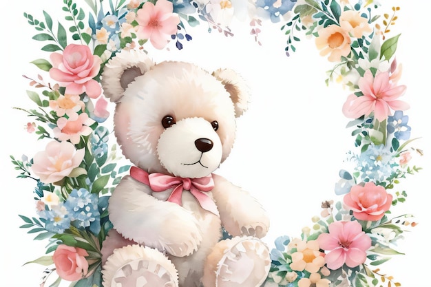 Watercolor Wedding or Birthday Greetings Card Background with Teddy Bear