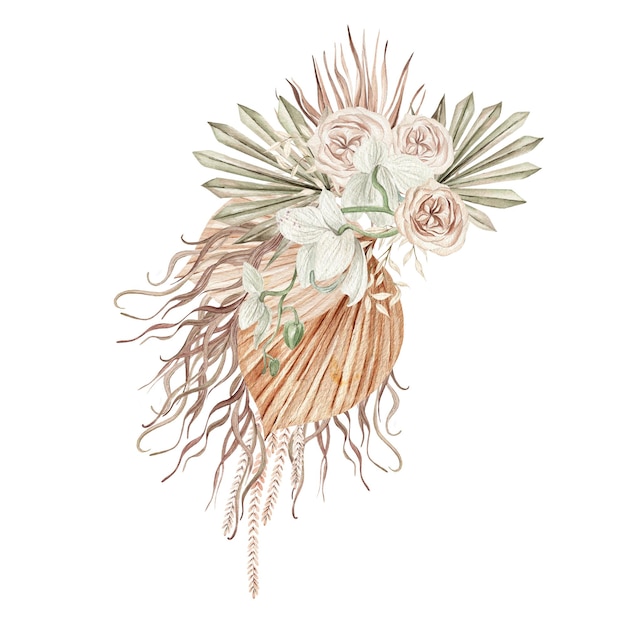 손으로 그린 열대 꽃 난초와 말린 야자수 잎이 있는 수채화 웨딩 보헤미안 부케