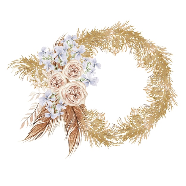 Watercolor wedding boho tropical wreath and pampass