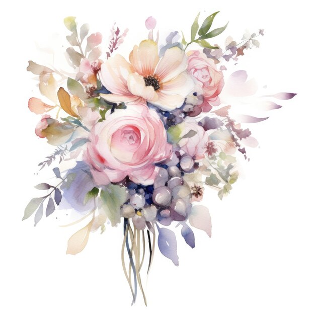 Свадебный букет в акварели на белом с нежными цветами