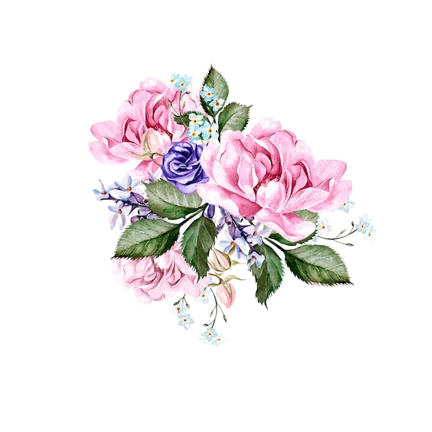 Bouquet da sposa ad acquerello con fiori di peonia e illustrazione di anemone