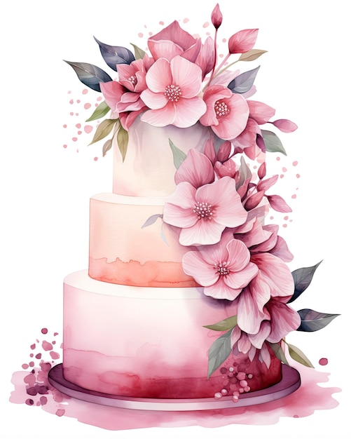 Watercolor wedding cake isolated on white background