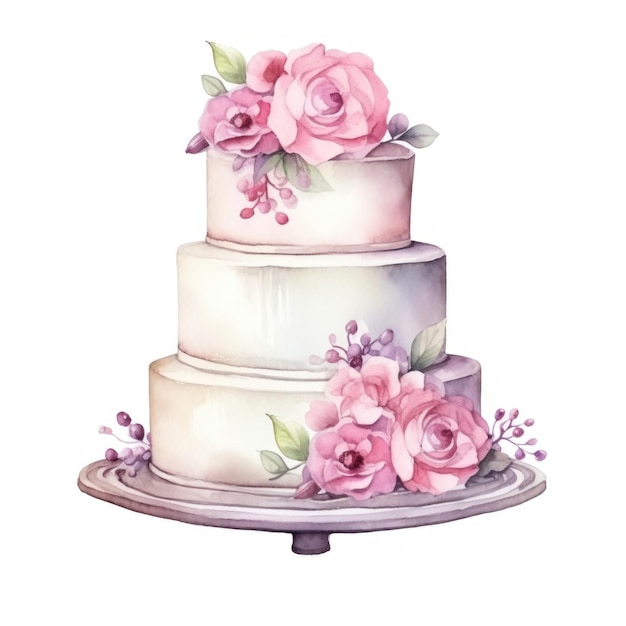 Watercolor wedding cake isolated