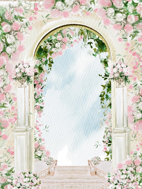 watercolor wedding card with xaarch and blooming roses