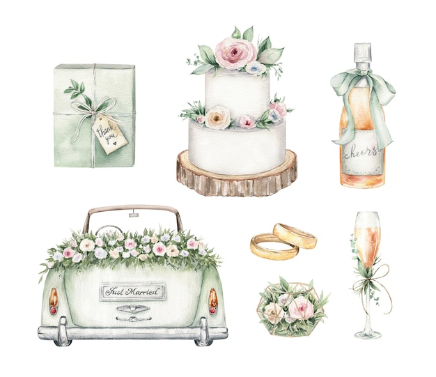 Акварельный свадебный клипарт рисованные иллюстрации романтическая графика для приглашения сохранить дату
