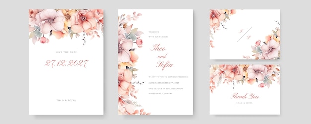 Watercolor wedding invitation template with romantic colorful floral and leaves decoration