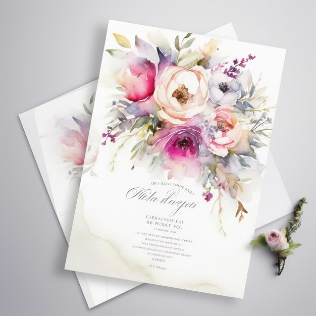 Foto invito al matrimonio ad acquerello con fiori ad acquerello ai generare illustrazione