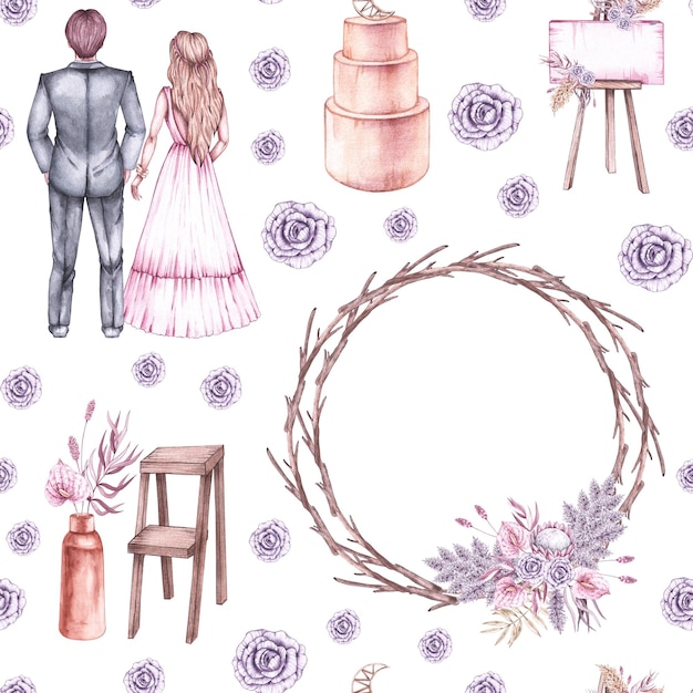 Watercolor wedding pattern with newlyweds and wedding arch and accessories