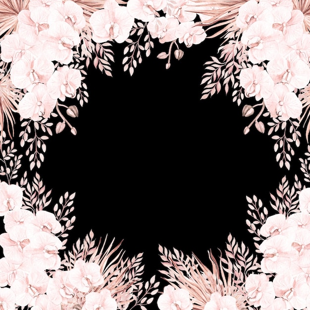 이국적인 꽃 난초 프로테아와 잎이 있는 수채화 웨딩 핑크 열대 카드