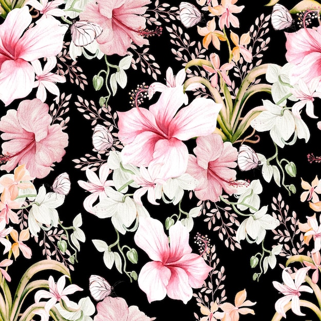 Watercolor wedding pink tropical seamless pattern with Exotic flowers hibiscus orchids and butterfly