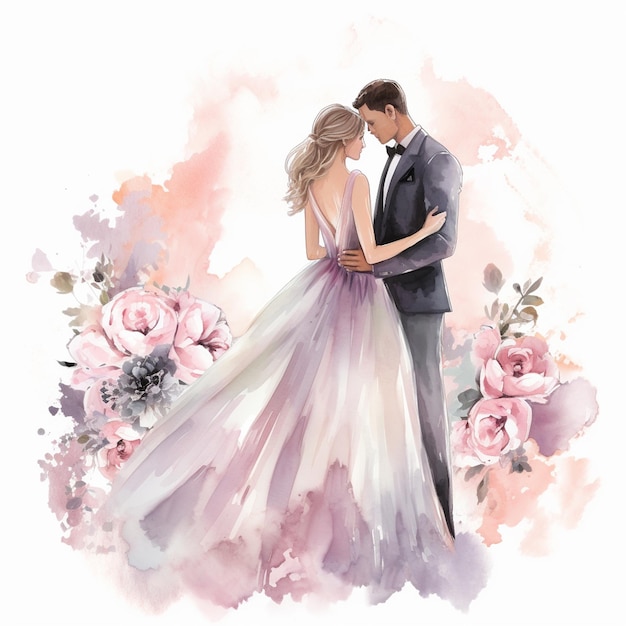 A watercolor wedding portrait of the bride and groom