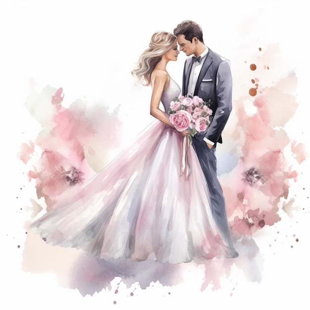 A watercolor wedding portrait of the bride and groom