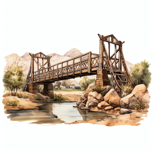 watercolor Western bridge western wild west cowboy desert illustration clipart