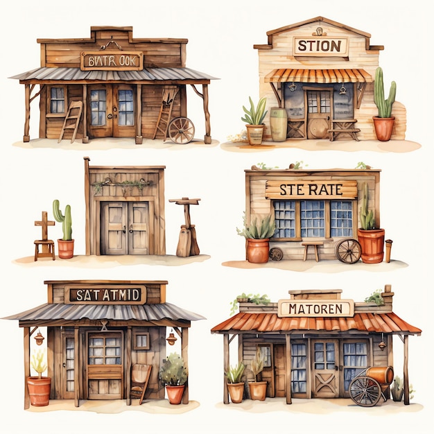 watercolor Western storefront with wooden signs western wild west cowboy desert illustration