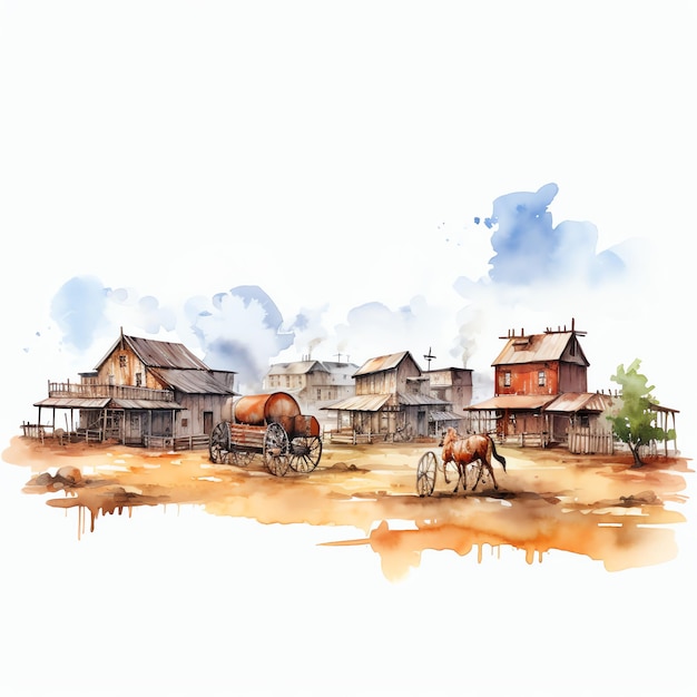 watercolor Western town skyline western wild west cowboy desert illustration clipart