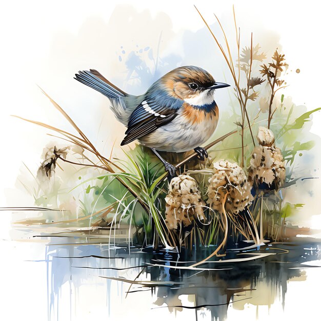 Photo watercolor of a wetland dotted with bullrush stands marsh wren weaving dex natural scene concept