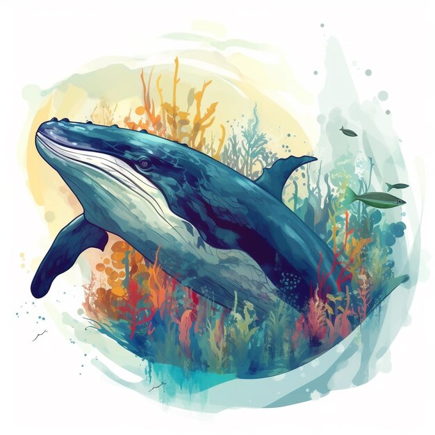 Watercolor Whale on white background