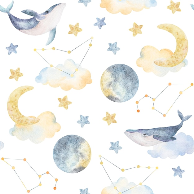 Watercolor whales clouds moon stars seamless pattern Watercolor illustrations clip art For tshirt print wear fashion design baby shower kids cards linens wallpaper textile