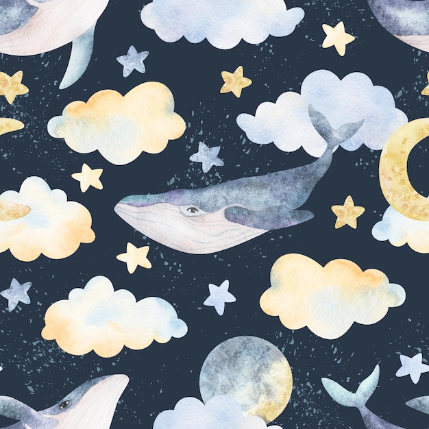 Watercolor whales clouds moon stars seamless pattern Watercolor sea animals illustrations Background print wear design baby shower kids cards linens wallpaper textile