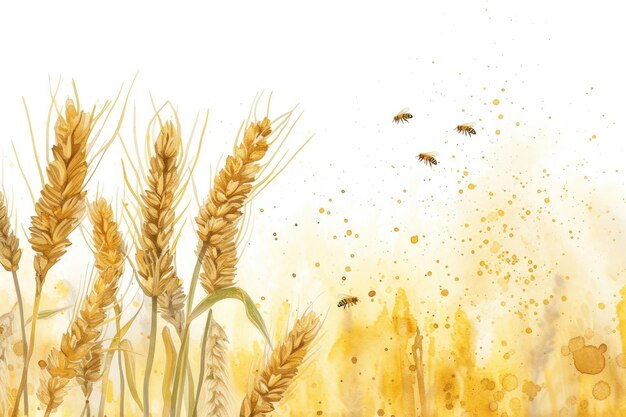 白い背景の小麦の耳とミツバチを水彩で描く