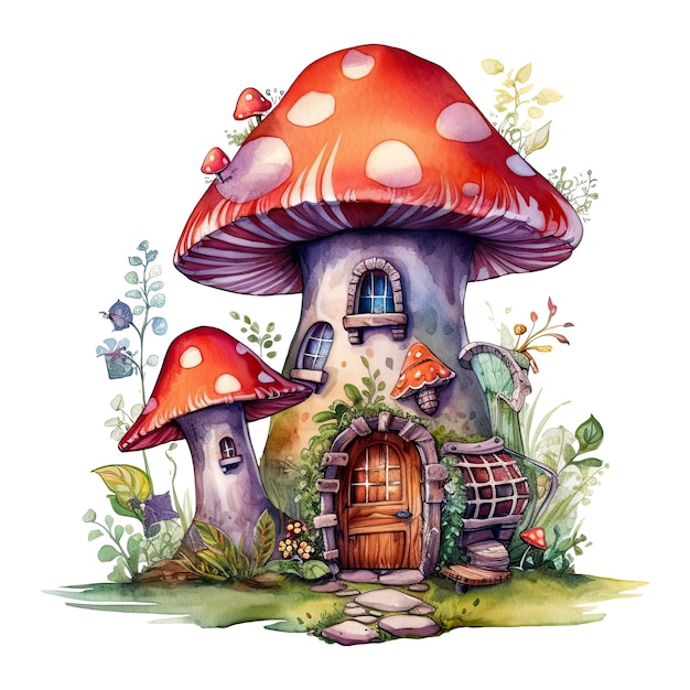 Watercolor whimsical mushroom house fantasy fairytale illustration