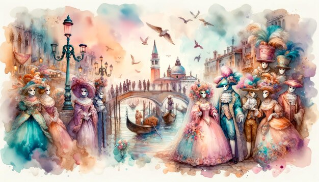 Watercolor whimsy at venice carnival masks gondolas and revelry