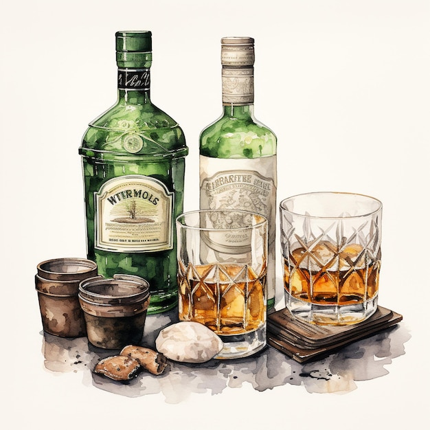 Foto aquarello whiskey arrangamento con trifoglio